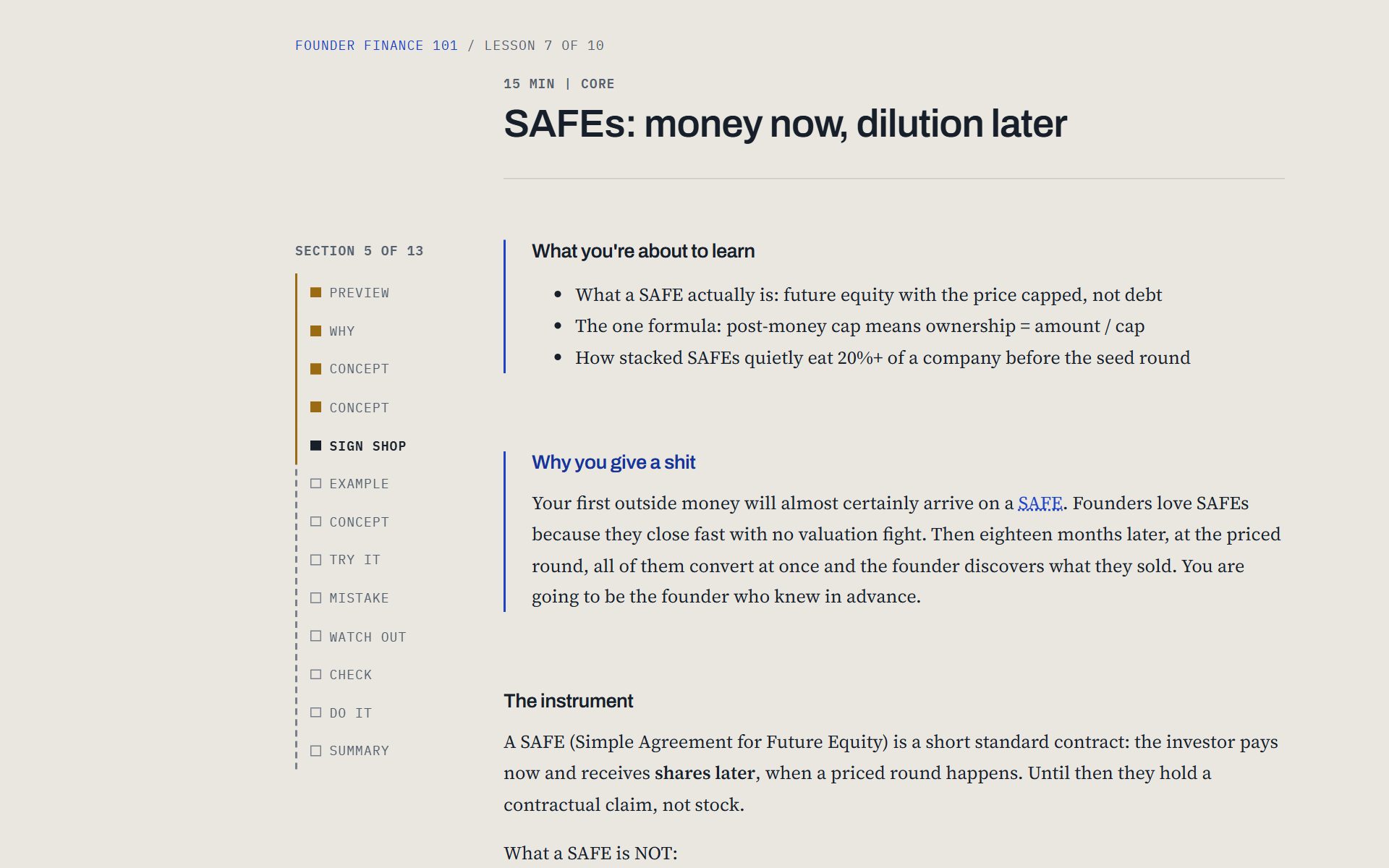 A lesson on SAFEs, five sections in, with a map of all thirteen sections beside it showing which are read and which are ahead.